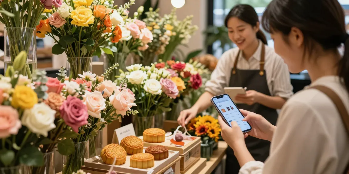Belanja bunga dan mooncake di bos88 dengan pelanggan bahagia memilih bouquet yang indah.