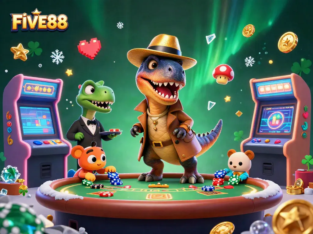 Engage with FIVE88's thrilling casino experience featuring fun characters at a blackjack table.