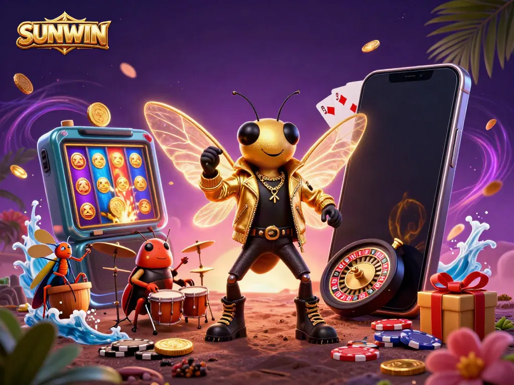 SUNWIN's vibrant 3D illustration showcases a rock star cicada and gaming elements in an electrifying casino scene.