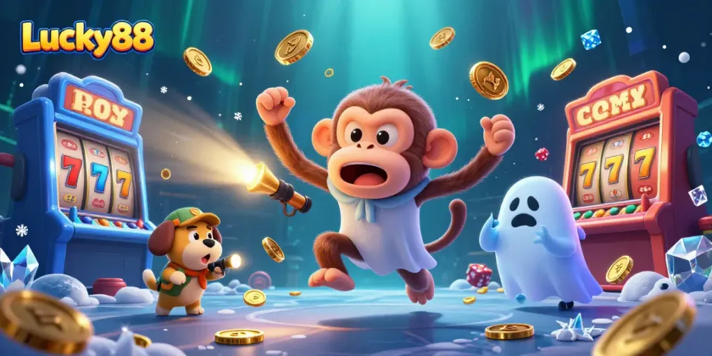 Experience Lucky88 with a playful poltergeist monkey and ghost-hunter puppy in a dynamic casino scene.
