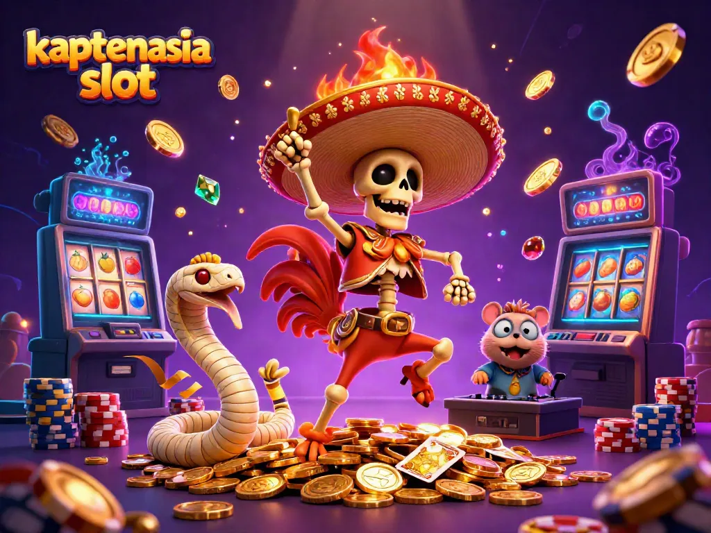 Menangkan jackpot dengan kaptenasia slot dan karakter kasino unik dalam ilustrasi 3D yang penuh warna.