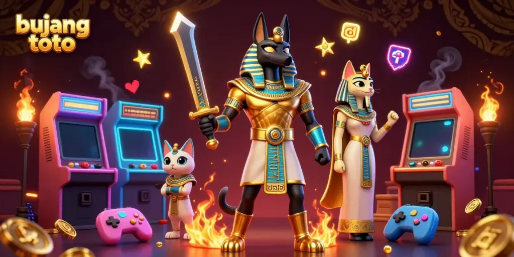 Experience the thrills of bujang toto with an ancient warrior and a sacred cat in a dynamic gaming scene.