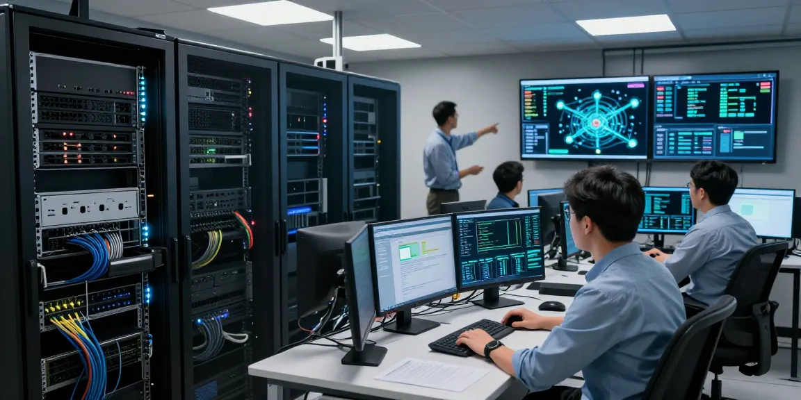 Gestión de servidores dedicados en un centro de datos con técnicos analizando métricas.