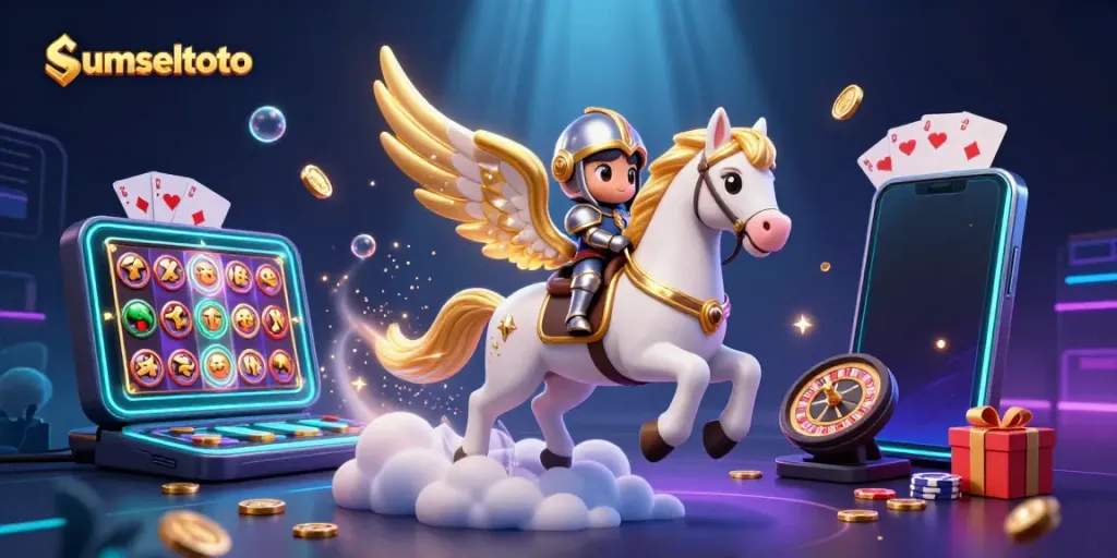 Immerse yourself in the thrilling world of sumseltoto with a celestial horse and knight amidst vibrant casino elements.